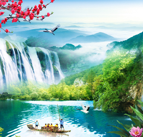 风景画山水画纸画现代装饰画瀑布墙画贴画客厅走廊大幅海报J825C