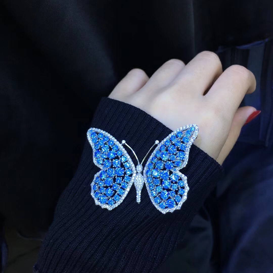 蓝色蝴蝶胸针吊坠双用 925纯银镶锆石