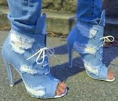 凉靴鱼嘴镂空烂洞破洞牛仔超高跟潮鞋 2020夏女鞋 凉鞋 拼色浅蓝色
