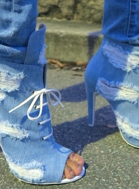 2020夏女鞋凉鞋凉靴鱼嘴镂空烂洞破洞牛仔超高跟潮鞋拼色浅蓝色