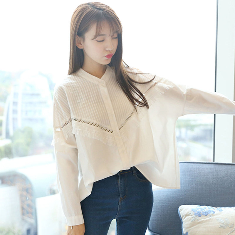 2020春秋韩版小清新宽松蝙蝠袖长袖白色衬衫女装学生纯棉镂空上衣在类目 女装/女士精品, 衬衫中 - 来自Buy2taobao.com提供专业的淘宝代购服务