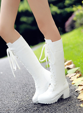 长靴 女2019新款秋冬cos鞋白色黑色高筒前系带马丁靴中跟潮女靴子