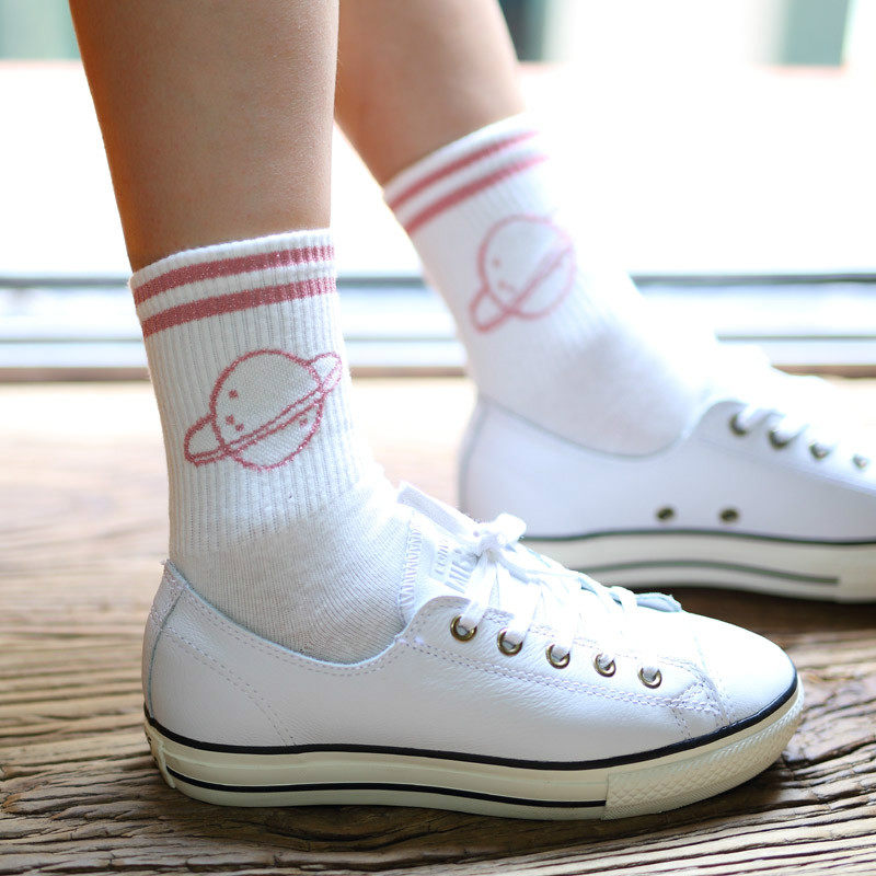 全棉日系学院风女袜 金银线星球女士运动棉袜 少女运动袜 学生袜