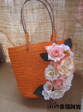 手工 黄色橘红色花朵装饰包包 海边度假 拍照道具草编包藤编包