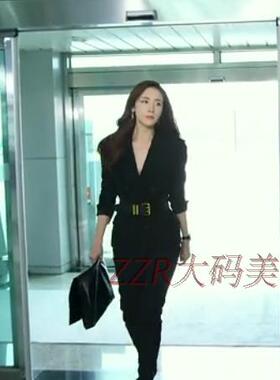 韩剧诱惑崔智友明星同款黑色后面五眼绑带系带西服两件套欧美大牌
