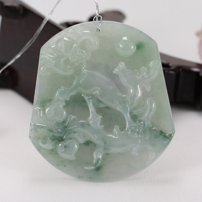 如意a货浅绿飘蓝花福禄寿翡翠玉