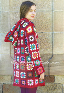 定制森女纯手工勾花彩色女装长款带帽外套女装上衣针织衫开衫1039