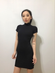 【包邮】欧美复古 BM 立领高领螺纹紧身针织短袖连衣裙