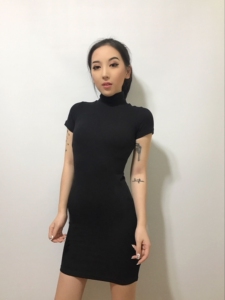 【包邮】欧美复古 BM 立领高领螺纹紧身针织短袖连衣裙