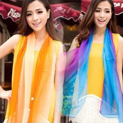 潮流新款时尚女长款绒韩国进口乔其纱雪纺丝巾印花拼色渐变色围巾