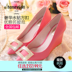 New rhinestone buckle shoes spring/summer #honeyGIRL Tian Shen 2015 pointed asakuchi shoes wedges heels