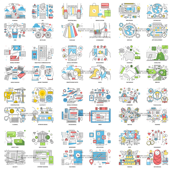 A3366矢量扁平化线条信息图移动互联网社交媒介插画 AI设计素材