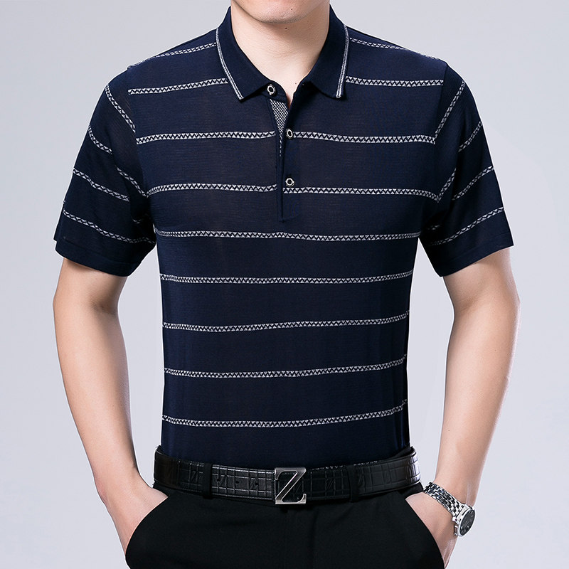 2021夏季新款大码桑蚕丝男士T恤翻领POLO衫1210p60上青，男装T恤，星座1203