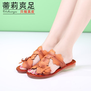 Tilly cool vintage art hand-sewn leather foot 2015 new summer leaves non-slip flat flip flops