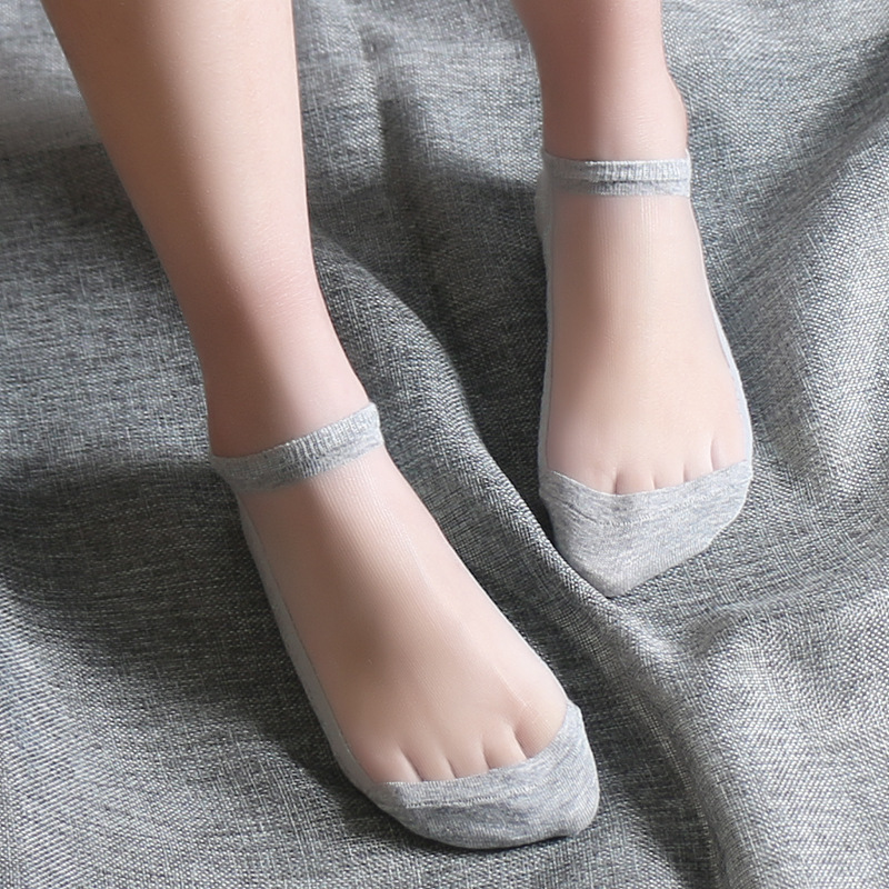 女袜子纯色玻璃丝防滑棉底丝袜短袜女水晶袜夏季薄款透气短筒船袜
