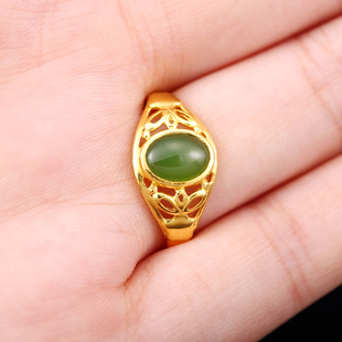 24K金镶玉999足金和田玉戒指蝶恋花指环黄金碧玉镶嵌珠宝女神送礼