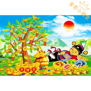 风水聚宝盆国画字画玄关发财树画聚宝盆山水画现代装饰画玄关