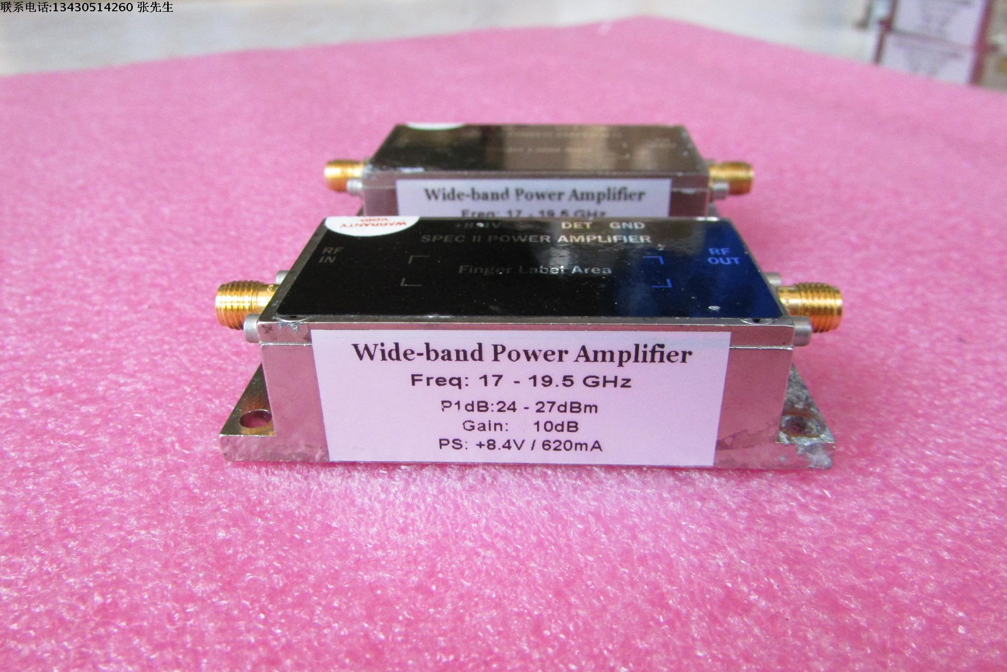 美国进口 17-19.5GHz 24-27dBm SMA 射频微波中功率放大器 质量包好，包能用 可提供详细测试图 工作频率：17-19.5GHz 增益: Typ 10dB  输出功率: 24-27dBm 工作电压：+8.4V  / 电流大约：620mA 左右 功能，1：检波输出; 2：