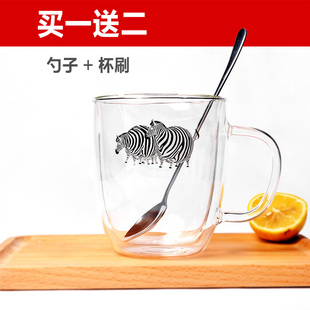 星杯乐耐热双层玻璃杯日韩式zakka小清新水杯胖斑马广口手工杯