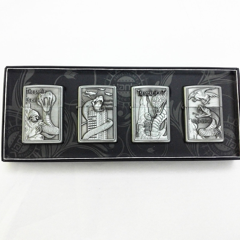 建泰金属煤油打火机复古钢银色浮雕四件套礼盒装男士礼物蟒蛇y60