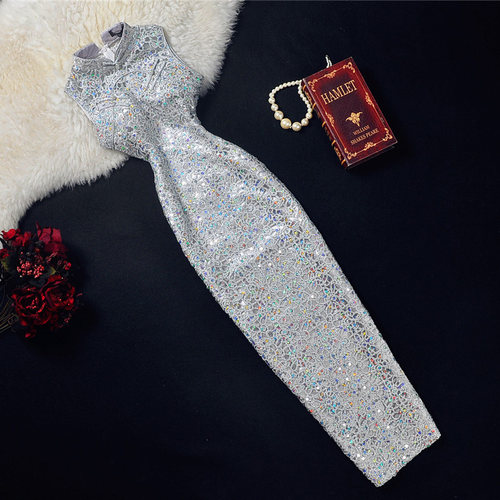 春夏亮片经典优雅蕾丝网纱旗袍