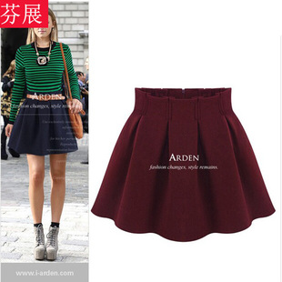 芬展秋冬A字毛呢半身裙高腰蓬蓬伞裙学院风英伦新品大码百褶短裙