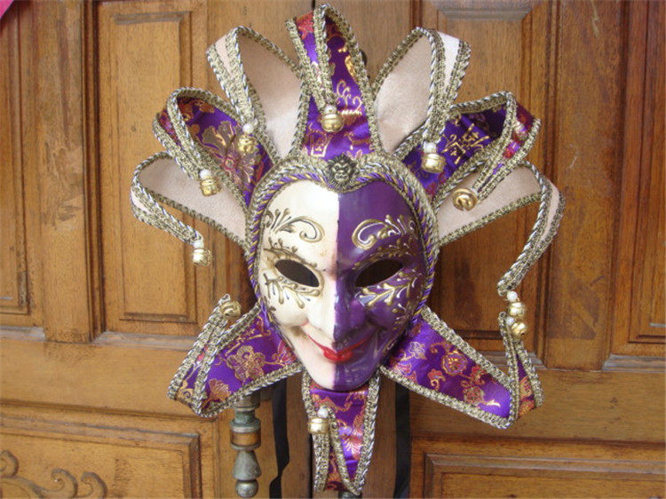 新款万圣节舞会高档威尼斯仿古手工彩绘10角小丑带铃铛阴阳脸面具