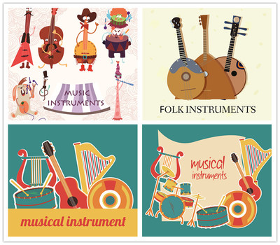 A0794矢量卡通音乐乐器海报模板民族架子鼓吉他 AI设计素材