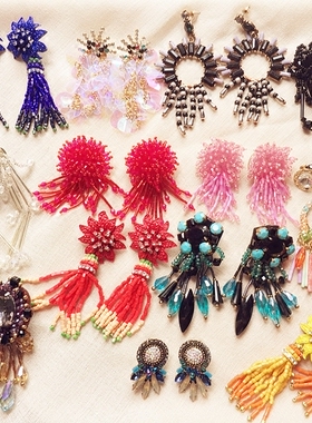 DD自制 八九十年代复古vintage手工钉珠镶钻串珠水晶流苏耳夹耳环