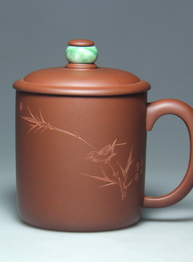 宜兴紫砂杯茶水杯名家全手工茶具纯原矿底槽青盖杯520CC金镶玉杯