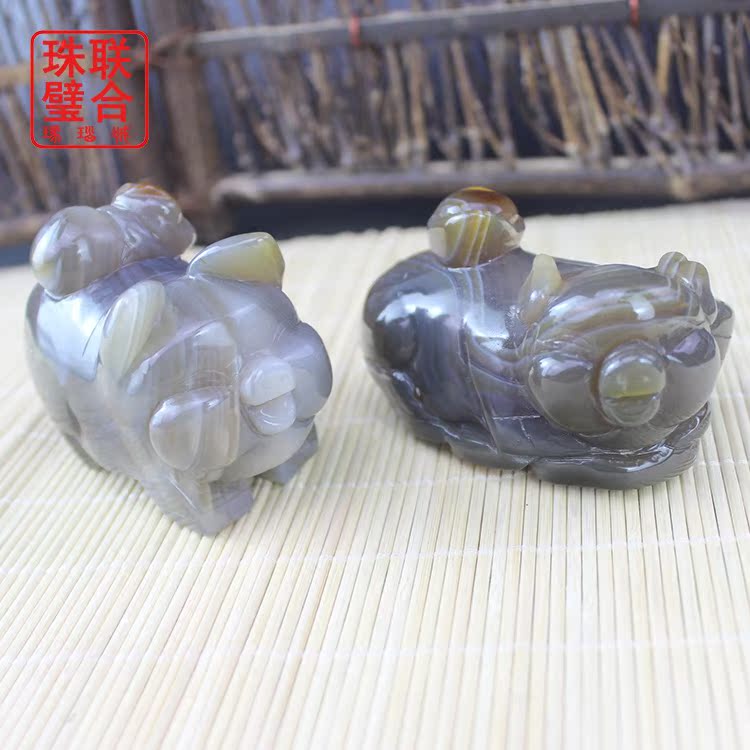 大清仓阜新天然玛瑙一对生肖招财背背发财小猪情吕家居风水福摆件