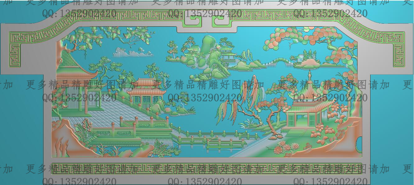 高清精雕图灰度图浮雕图电脑雕刻图精品山水床背板1321x587特价