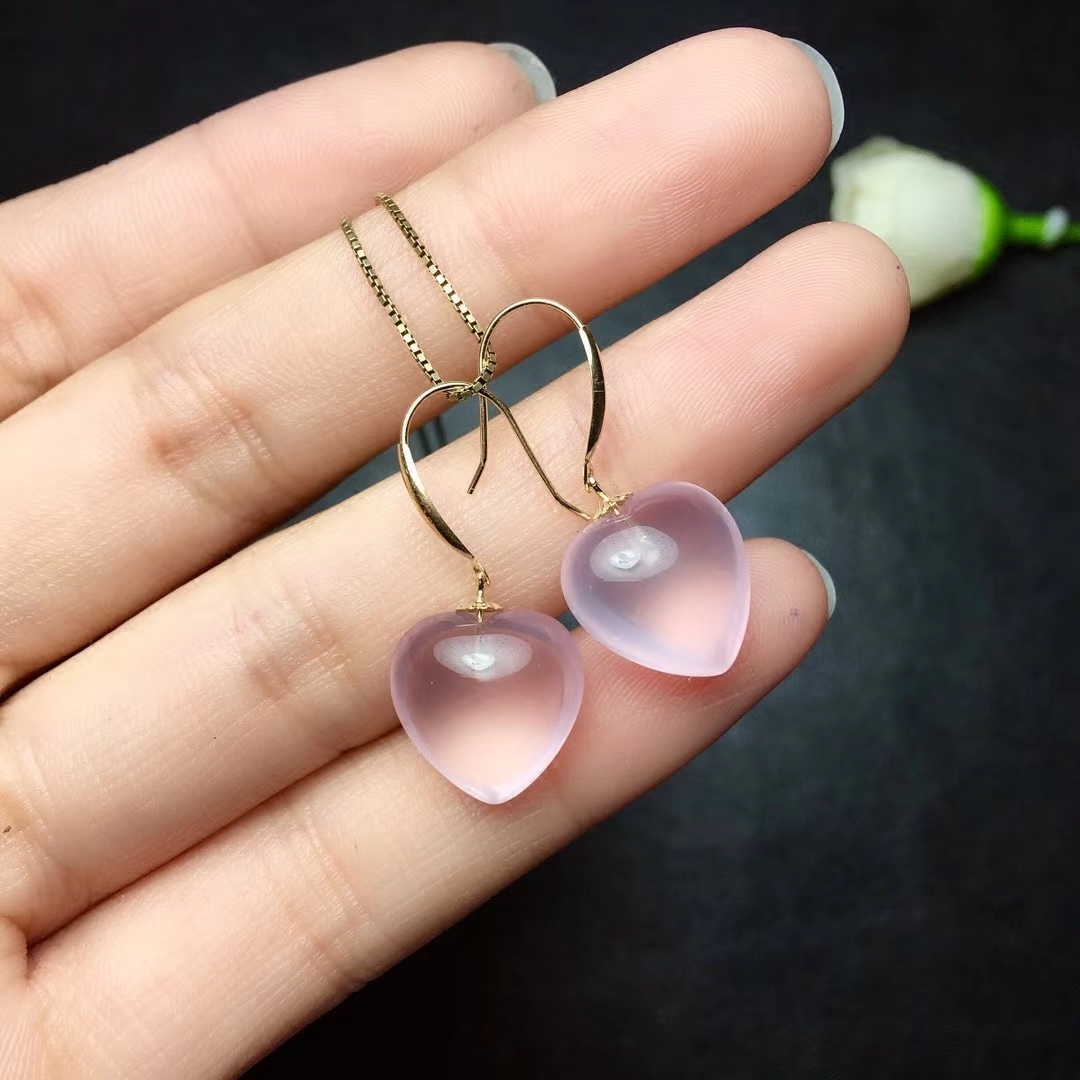 18K 골드 천연 로즈 쿼츠 히비스커스 스톤 펜던트 귀고리 하트 모양의 보석 크리스탈 귀걸이 쇄골 목걸이 펜던트 인증서 포함