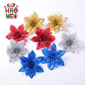 Hromeo 12cm金银红蓝色圣诞花 圣诞装饰品配件挂件配饰