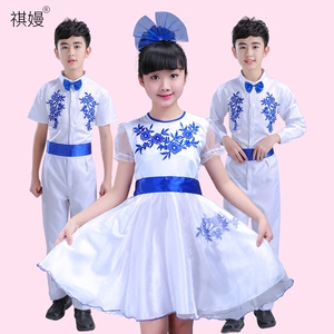 新款朗诵演出服儿童青花瓷中小学生合唱服幼儿男女童舞蹈古筝表演