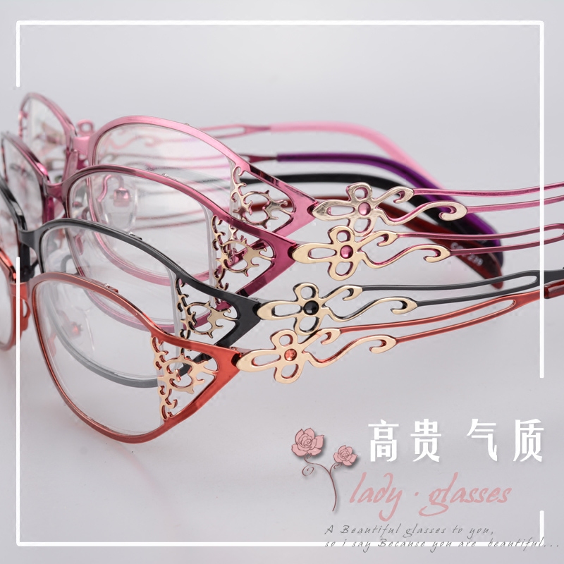 全框酒红金属眼镜框 蕾丝小框宽腿镂空花边近视镜架 时尚雕花老花