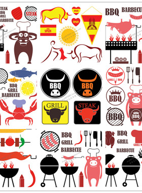 A2095矢量扁平化风格烧烤图案LOGO牛排烤肠BBQ AI设计素材