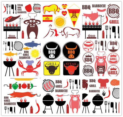 A2095矢量扁平化风格烧烤图案LOGO牛排烤肠BBQ AI设计素材
