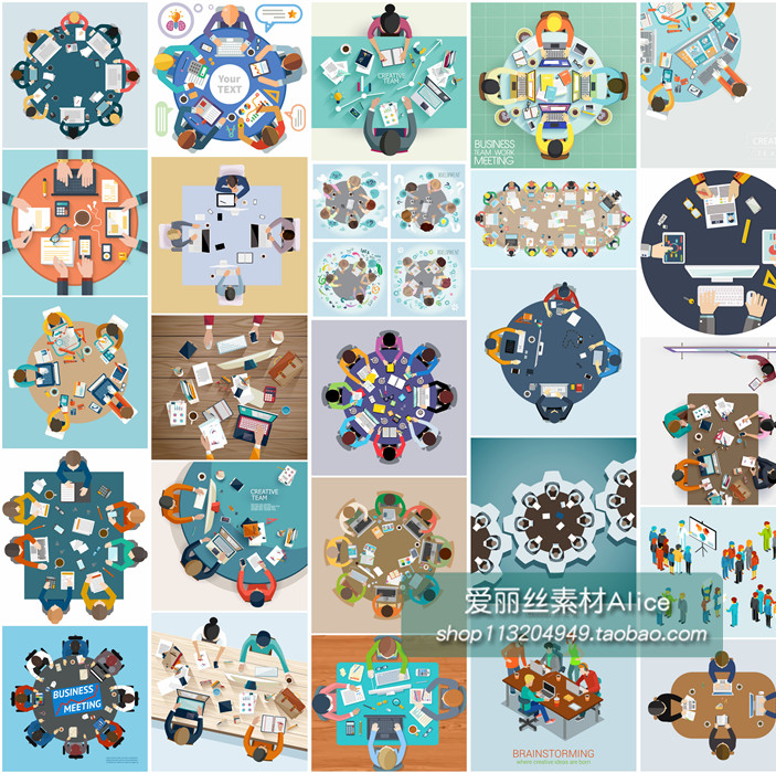[380]25张扁平化商务合作会谈工作台团队合作开会 AI矢量设计素材