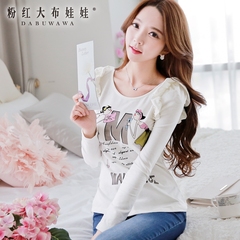 T shirt girls big pink doll summer 2015 new bottoming shirt slim white printing cotton long sleeve top