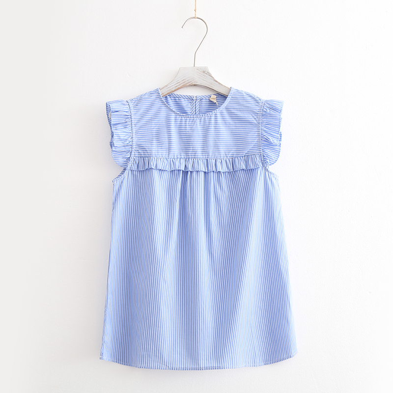 荷叶边飞飞袖条纹娃娃衫衬衣
