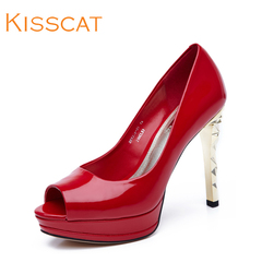 2015 new KISS CAT/Kiss cat leather fish mouth high heels shoes slim solid color waterproof shoes