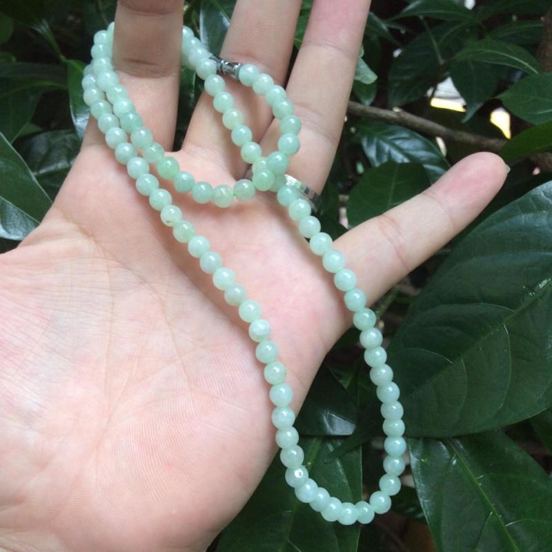 正品緬甸|天然翡翠A貨|淡綠項鏈|女款珠鏈玉珠圓珠掛繩綁玉墜冰種