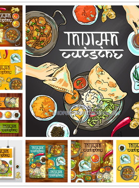A3603矢量手绘印度饮食菜单插画banner咖喱香料 AI设计素材