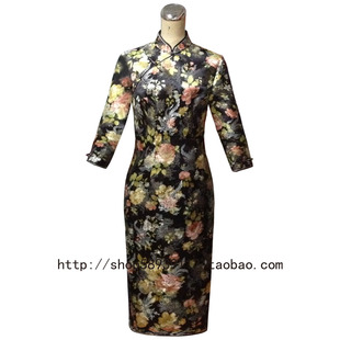 红影旗袍 定制 牡丹花旗袍 礼服 长袖 黑色