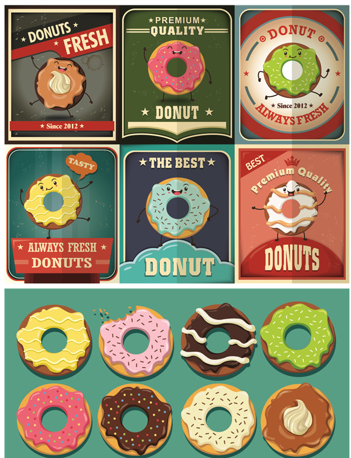 A1698矢量卡通风格复古甜甜圈图案海报模板 AI设计素材 商务/设计服务 设计素材/源文件 原图主图