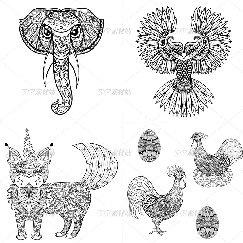 黑白线描花纹动物大象鸡鸟牛鲸鱼刺青矢量图设计素材 eps格式