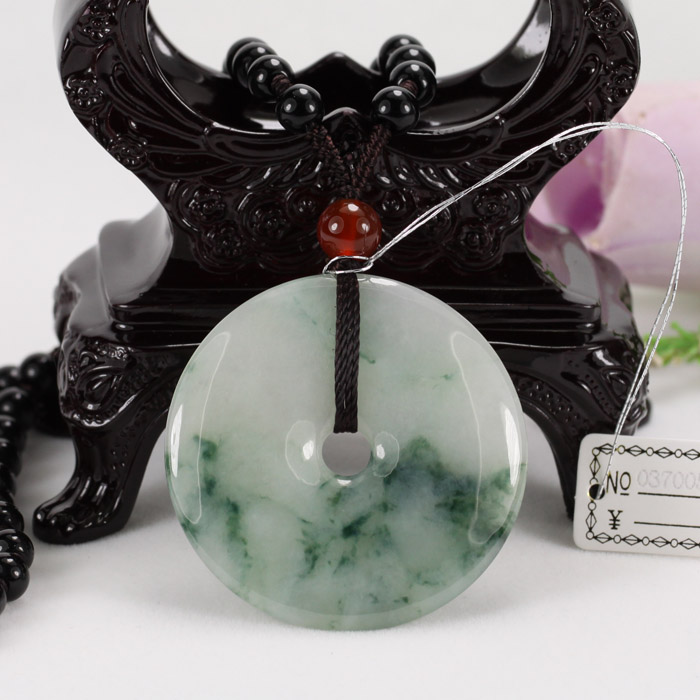 浅绿色飘蓝花平安扣怀古翡翠玉