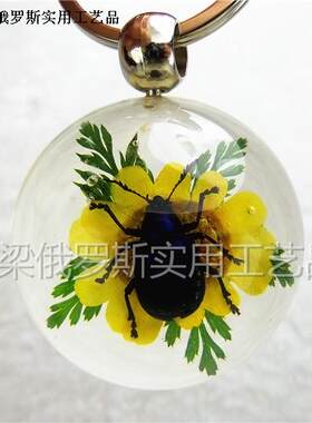 昆虫水晶琥珀钥匙扣链半球形绿叶
