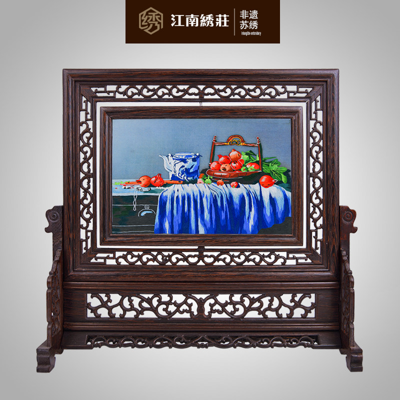 江南绣庄手工苏绣礼品摆件鸡翅木原木打磨双面刺绣台屏风景静物